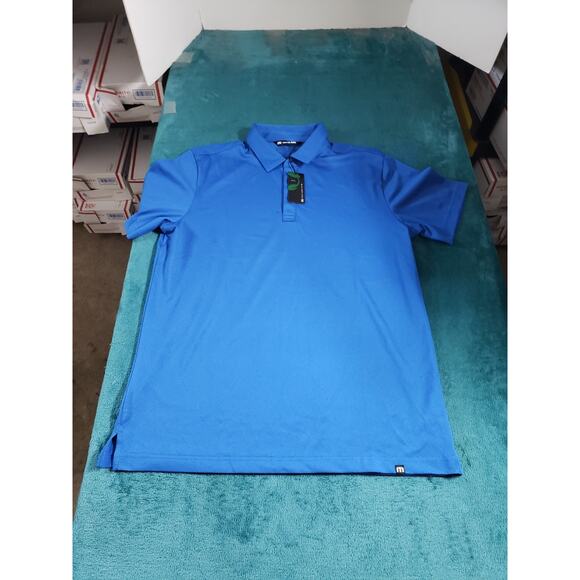 Travis Mathew Polo Shirt Size Large Mens Blue Stretch Eco Preppy Golf Logo NWT - Picture 1 of 10